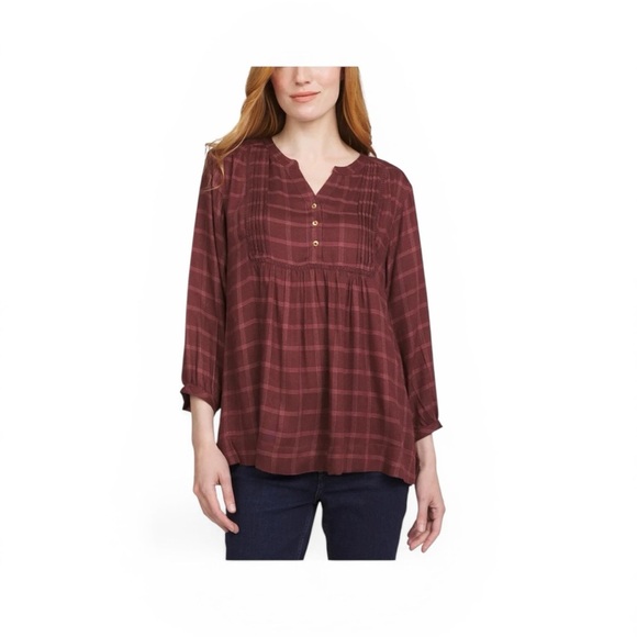 Wrangler Tops - Western Boho Plaid Wrangler Peasant Blouse Burgundy Size S 3/4 Sleeve top NWT